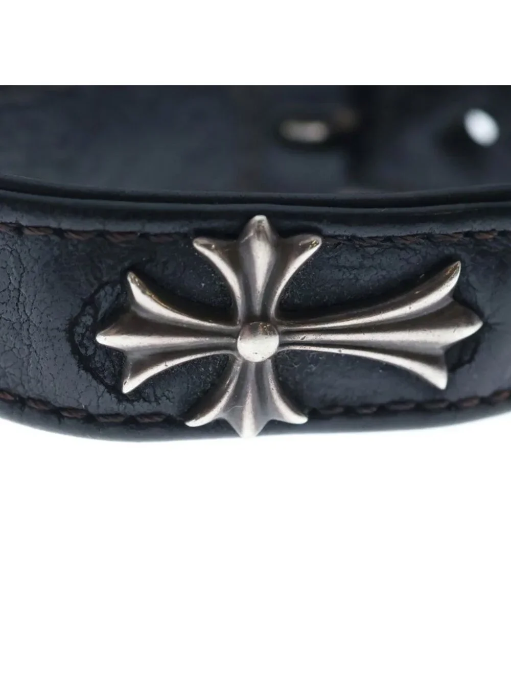 Chrome Hearts Gunslinger Tiny CH Cross Decoration Leather Bracelet Black Silver